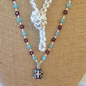 Two Vintage Flower Seed Bead Necklaces, One With Turtle Pendant